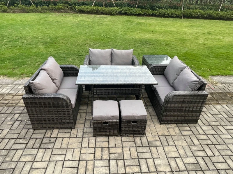 Image of Fimous 8 Seater Outdoor Rattan Garden Furniture Set with Patio Rectangular Dining Table Love Sofa Side Table 2 Small Footstools Dark Grey Mixed Dark G