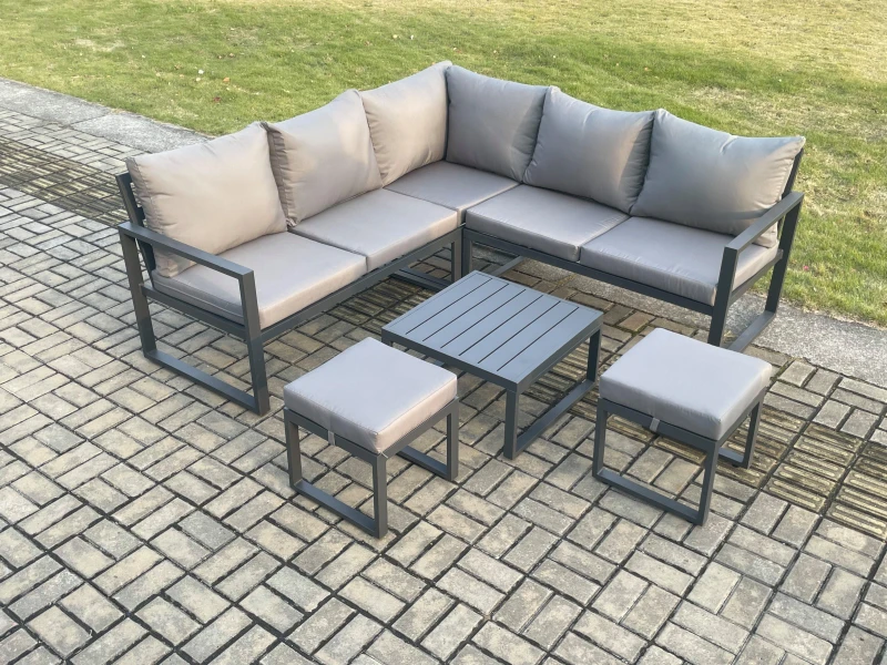 Image of Fimous Outdoor Garden Furniture Set Aluminium Lounge Sofa Square Coffee Table Sets with 2 Small Footstools in Dark Grey Dark Grey Unisex