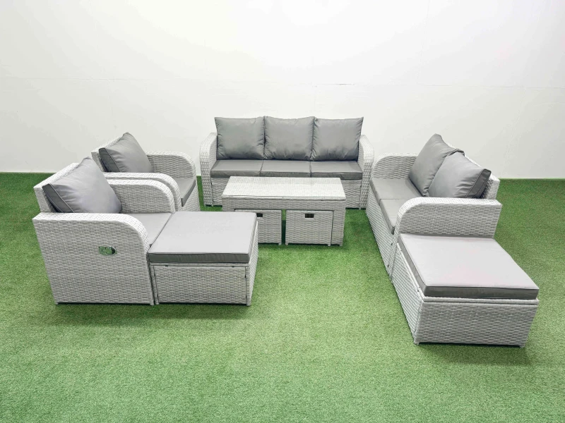 Image of Fimous Pe Wicker Rattan Furniture Sets With Oblong Coffee Table Love Sofa 3 Seater Sofa Reclining Chair 4 Stools Light Grey Mixed