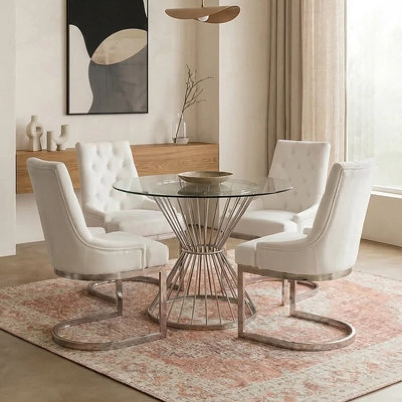 Image of Orsina Hourglass Dining Table With Clear Glass & Silver Base, Spacious Lounge Table, Table For Patio, Kitchen Table