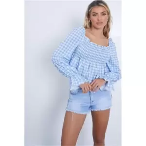 Image of I Saw It First Blue Radiance Marl Gingham Shirred Waist Puff Sleeve Blouse - Blue