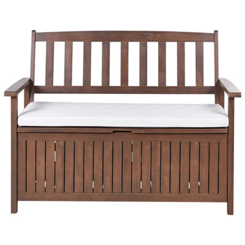 Image of Beliani Garden Bench With Cushion Sovana 120 Cm With Storage Acacia Wood White