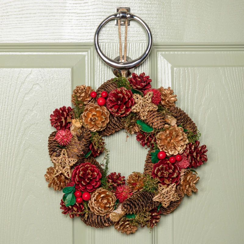 Image of 30cm Red Hanging Christmas Wreath with Red Berries and Pinecones