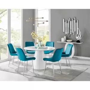 Image of Furniture Box Palma White High Gloss Round Dining Table and 6 Blue Pesaro Silver Chairs
