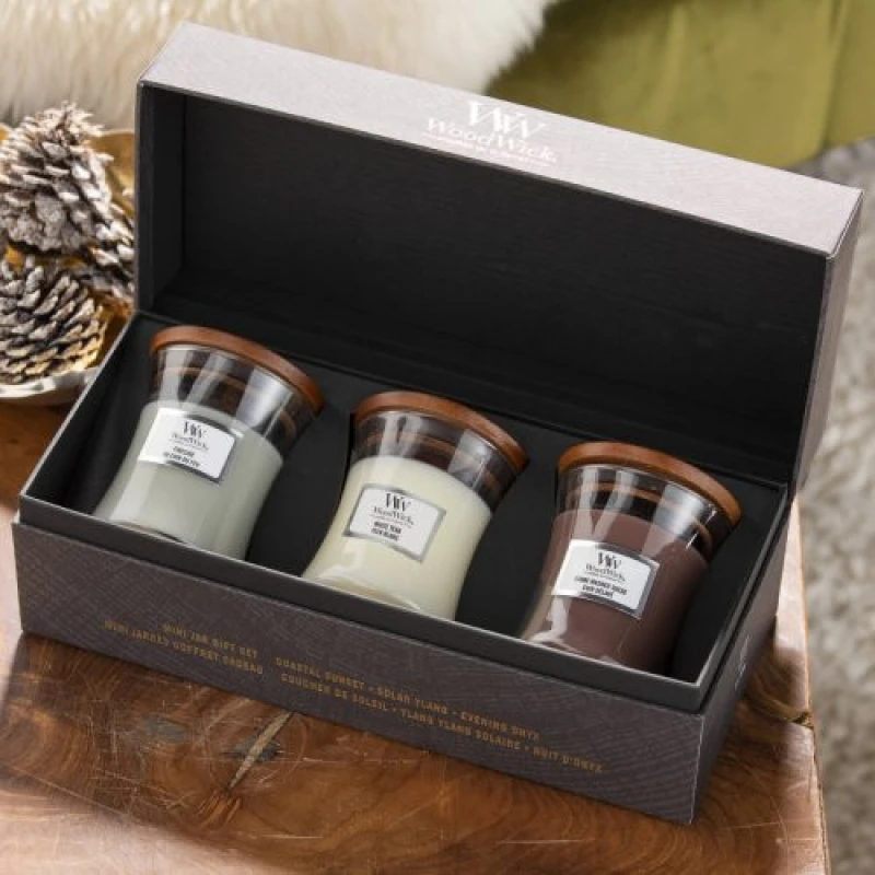 Image of WoodWick Mini Core Fireside, White Teak, Sand & Driftwood Gift Set Mini