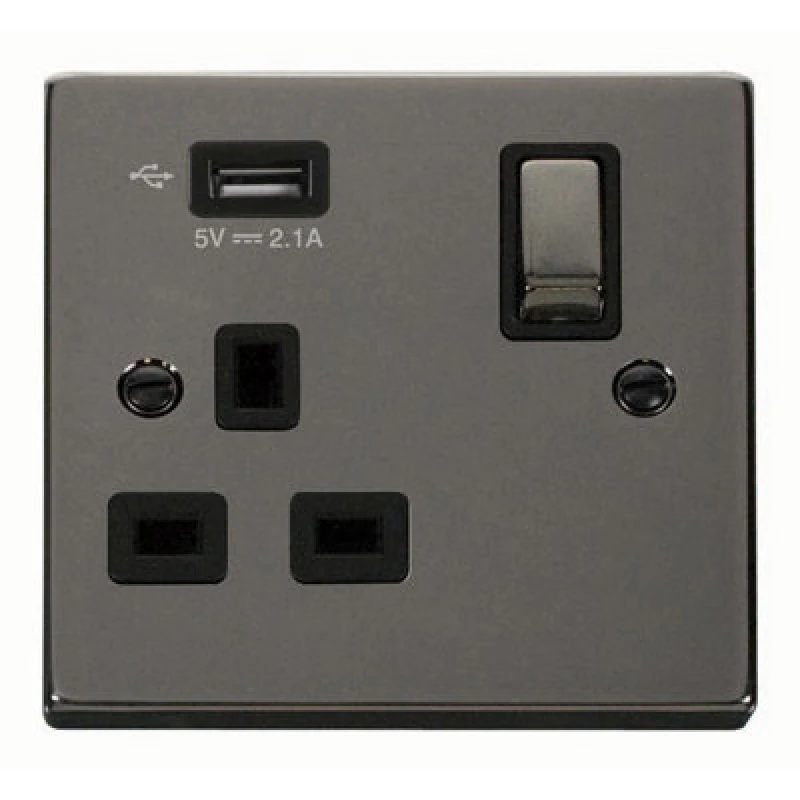 Image of SE Home Black Nickel 1 Gang 13A DP Ingot 1 USB Switched Plug Socket Black