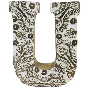 Image of Letter U Hand Carved Wooden White Flower