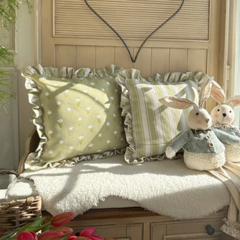 Image of rucomfy Beanbags Rucomfy Linen Look 45X45Cm Cushion - Olive Green Frilled Ditsy Stripe Design