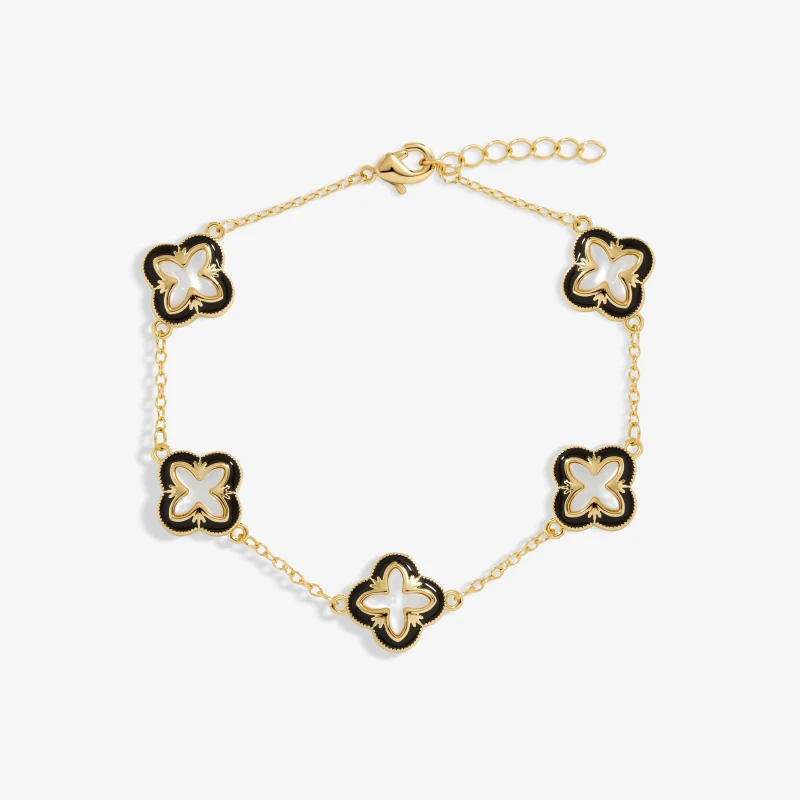 Image of Inicio Gold Plated Jet Enamel And Mother Of Pearl Clover Bracelet - Gift Pouch Gold