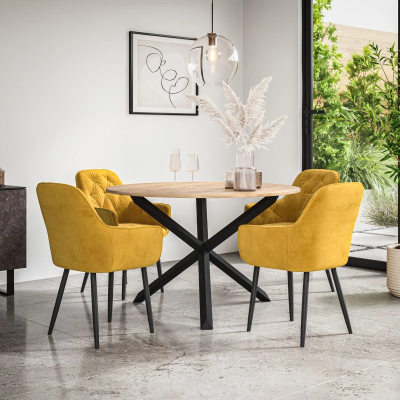 Image of More4Homes Malvern Round Dining Table And Chairs - Oak Table Top W Solid Black Oak Legs + Anika Velvet Dining Chair Set Of 4 (Mustard)