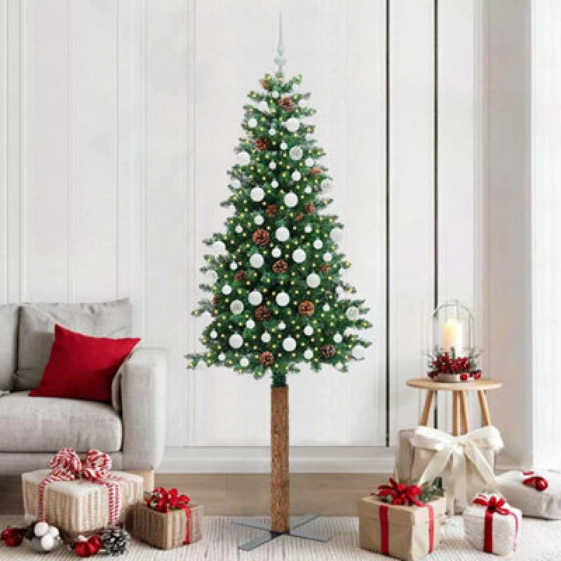 Image of vidaXL Slim Christmas Tree with White Balls Green 210cm PVC and Solid Pine wood, Green 3394880