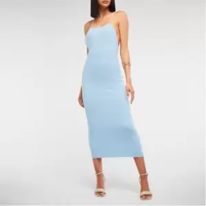Image of Missguided Mock Pearl Strap Rib Knit Midaxi Dress - Blue
