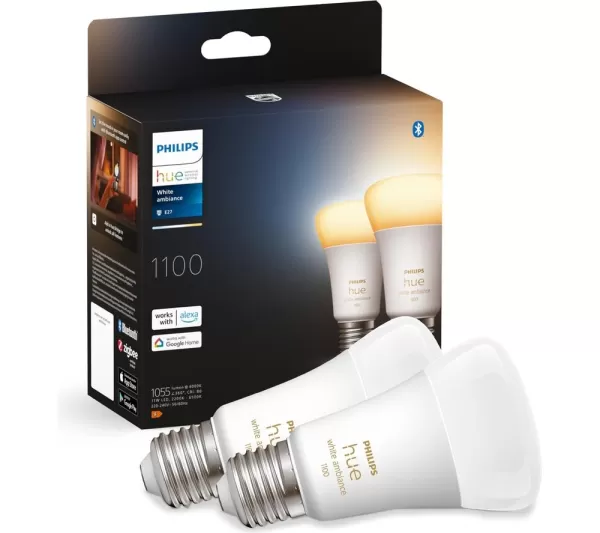Image of PHILIPS HUE White Ambiance Bluetooth LED Bulb - E27, 1100 Lumens, Twin Pack