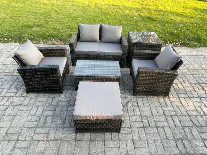 Image of Fimous Outdoor Lounge Sofa Set Wicker Rattan Garden Furniture Set with Coffee Table Double Seat Sofa in Dark Grey Dark Grey Unisex