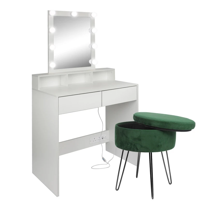 Image of Harbour Housewares Wooden Dressing Table Set with LED Lights & Stool in Green Green Unisex