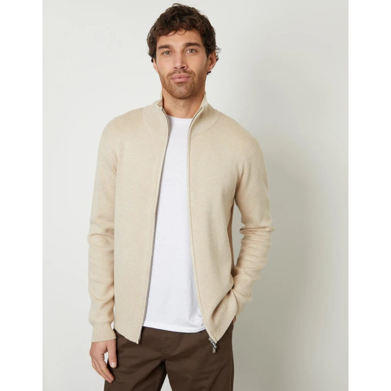 Image of Threadbare Threadbare Men 'Wynnstay' Zip-Through Funnel Neck Knitted Cardigan in Light Beige Size: large Light Beige L Male 7625914450616