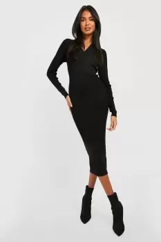 Image of Rib Knitted Polo Collared Midi Dress