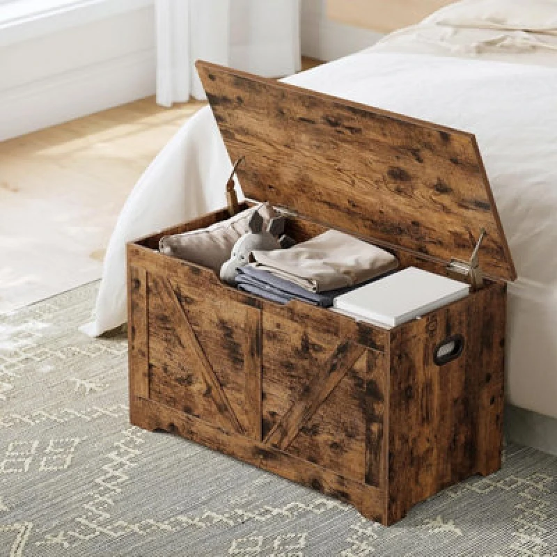 Image of Songmics Wooden Trunk, Shoe Storage Bench, Organiser Box, 2 Safety Hinges, Farmhouse, Rustic Brown