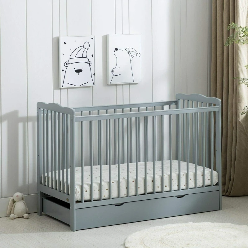 Image of MCC Direct Wooden Baby Cot Bed Crib With Mattress and Drawer Brooklyn Grey