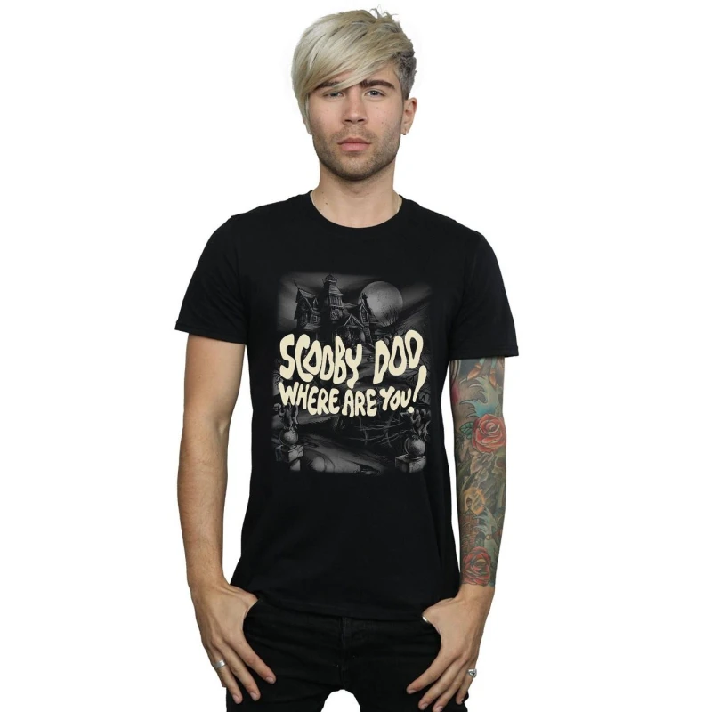 Image of Scooby Doo Scooby Doo Men Scary Castle Cotton Slim T-Shirt in Black Size: Small Black S Male 5063377480740
