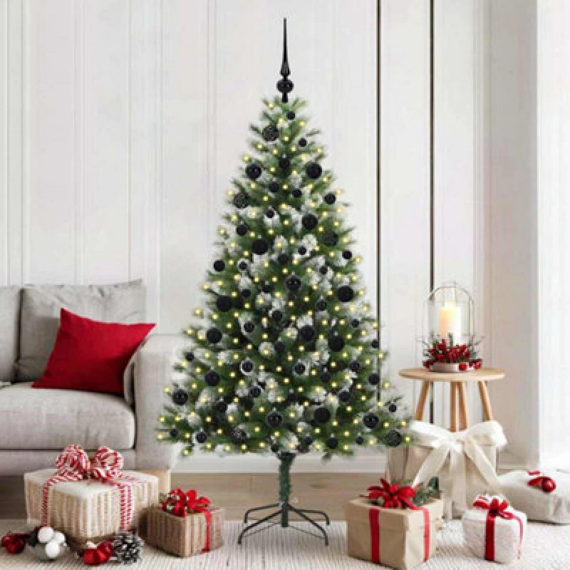 Image of vidaXL Artificial Hinged Christmas Tree with Black Balls Flocked Snow 180 cm, Green 3395443