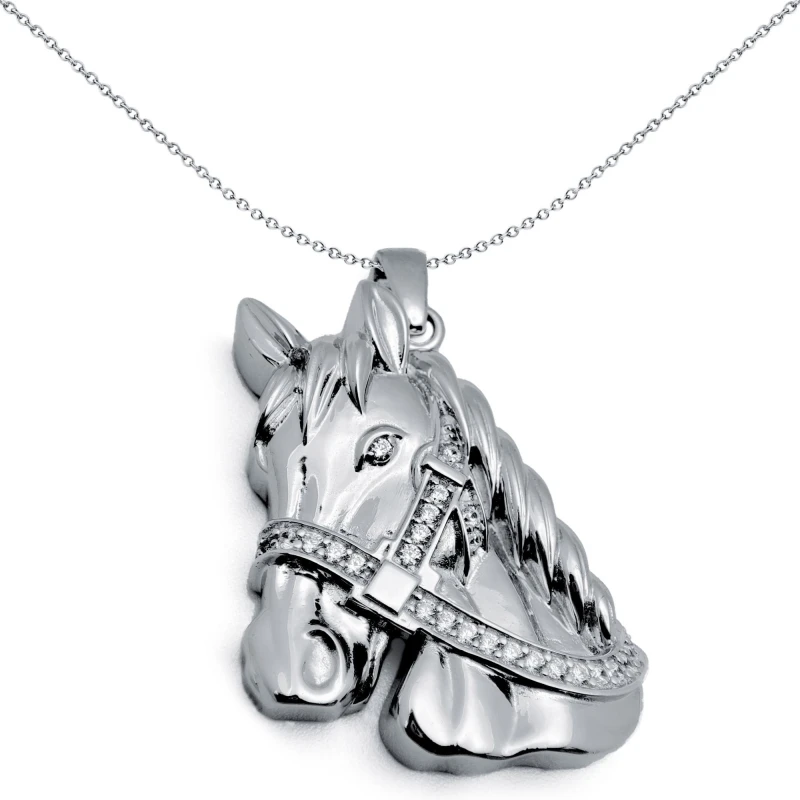 Image of Jewelco London Sterling Silver CZ Horse Charm Pendant - 18" Chain - APD032 Silver