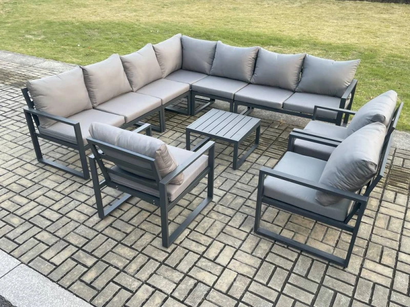 Image of Fimous Outdoor Garden Furniture Patio Lounge Corner Sofa Aluminium Set with Square Coffee Table 3 Pcs Arm Chairs Dark Grey Dark Grey Unisex