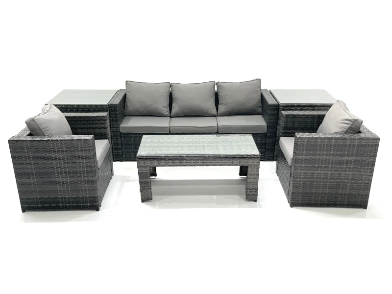 Image of Fimous Rattan Garden Furniture Set Outdoor Lounger Sofa with Coffee Table 2 Armchair 2 Side Tables Dark Grey Mixed Dark Grey