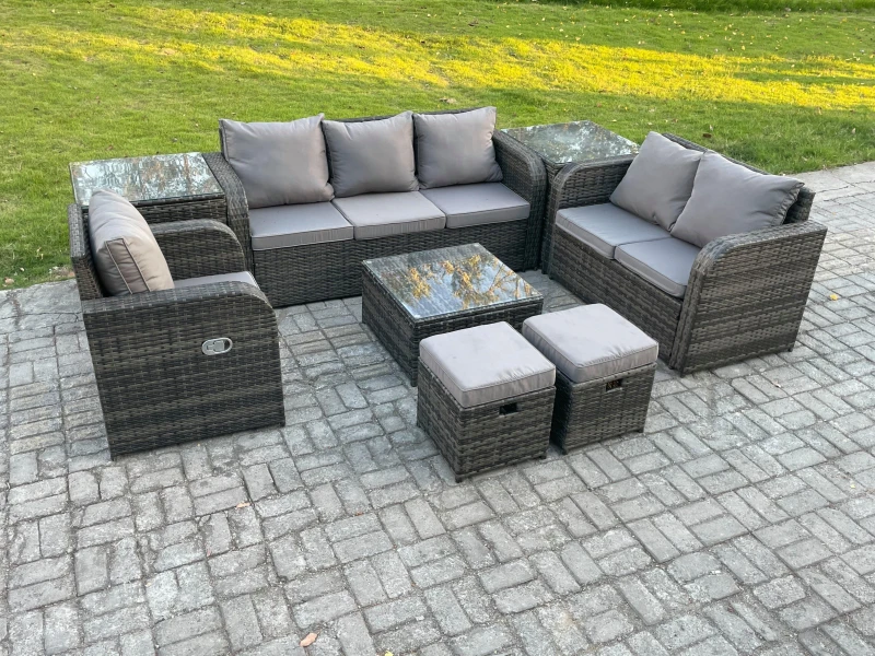 Image of Fimous Indoor Outdoor Rattan Garden Furniture 8 Seater Set Table Sofa Chair Patio Conservatory with Grey Cushions 2 Small Footstools Dark Grey