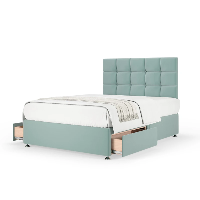 Image of Bedmaster Bedmaster Plush Velvet 2 Drawer Divan Base And Square Headboard in Duck Egg Blue Size: King Duck Egg Blue King Unisex 7867870796449