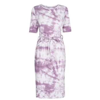 Image of Fabric Tie Dye Ribbed Midi Dress with Tie Waist Detail - Pink