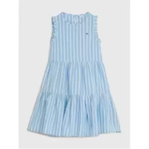 Image of Tommy Hilfiger Striped Hemp Ruffle Dress Slvss - Blue