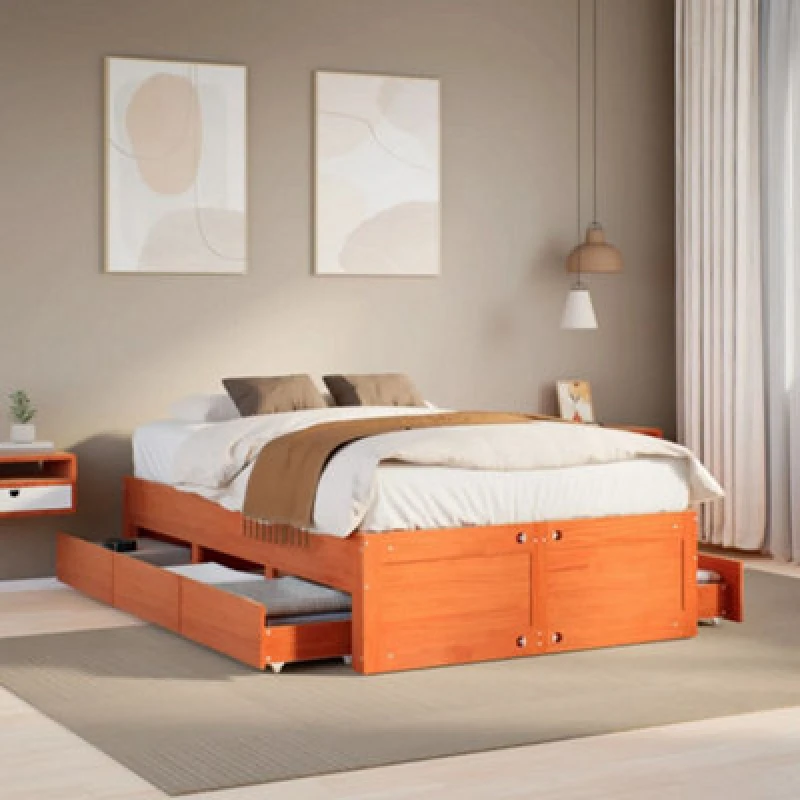 Image of Vidaxl Bed Frame Without Mattress With Drawers Wax Brown 135X190 Cm Double Solid Wood Pine