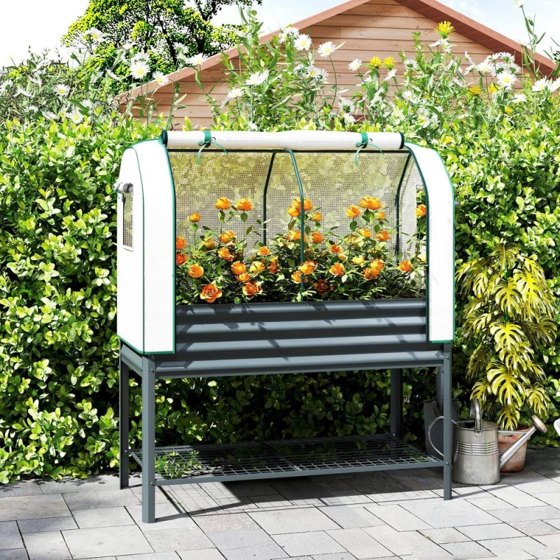 Image of OUTSUNNY Galvanised Raised Planter with Greenhouse Cover & Bottom Shelf in Dark Grey Dark Grey Unisex