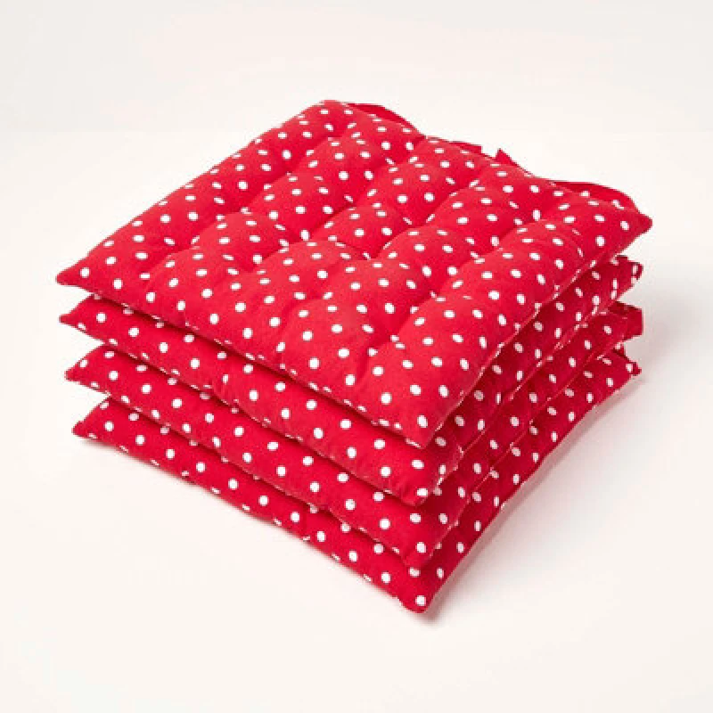 Image of Homescapes Red Polka Dot Seat Pad with Button Straps 100% Cotton 40 x 40cm Set of 4 Red