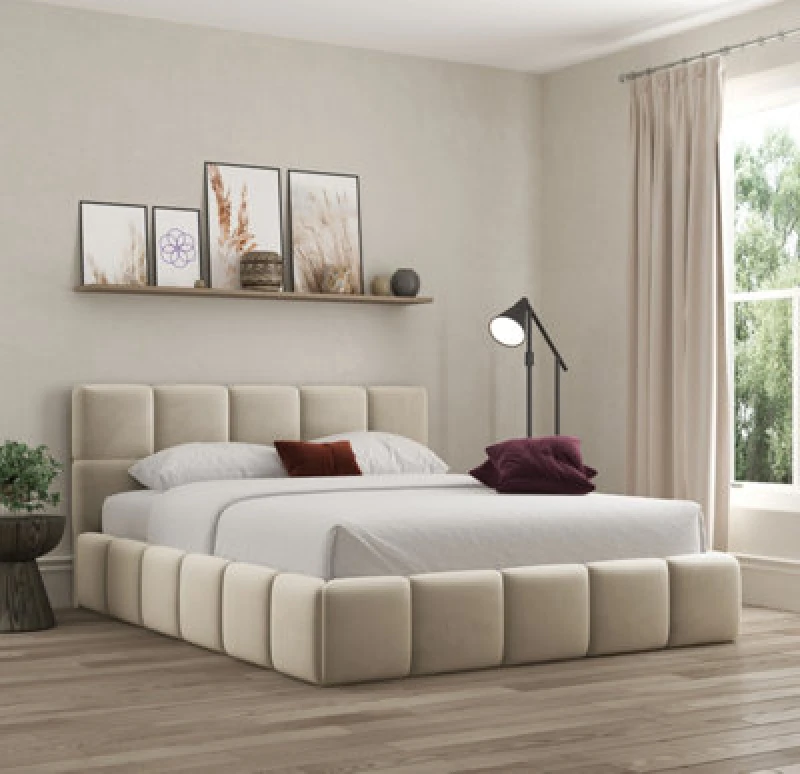 Image of Ds Living Ovella Cubed Upholstered Plush Cream Bed