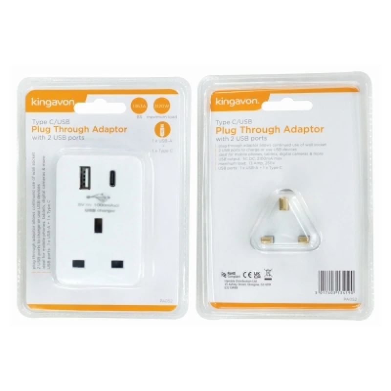 Image of Kingavon Type C/Usb Plug Through Adaptor With 2 USB Ports