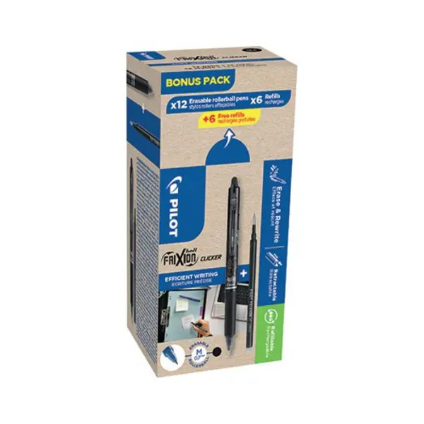 Image of Pilot Pilot FriXion Ball Clicker Rollerball Bonus Pack Box 12 Pens +12 Refills Blk (Pack of 24) WLT435853 WLT435853