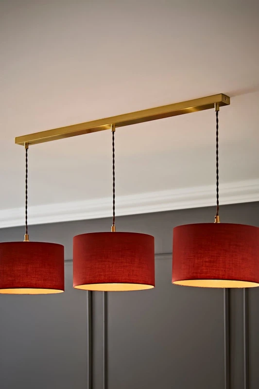Image of ValueLights ValueLights Reni Fabric Drum Shade 3 Drop Bar Gold Diner Ceiling Pendant Light in Burnt Orange Burnt Orange One Size Unisex 5059406063084