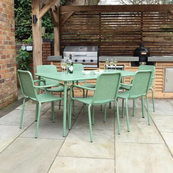 Image of Porto 6 Seater Round Dining Set with Stacking Chairs Olive