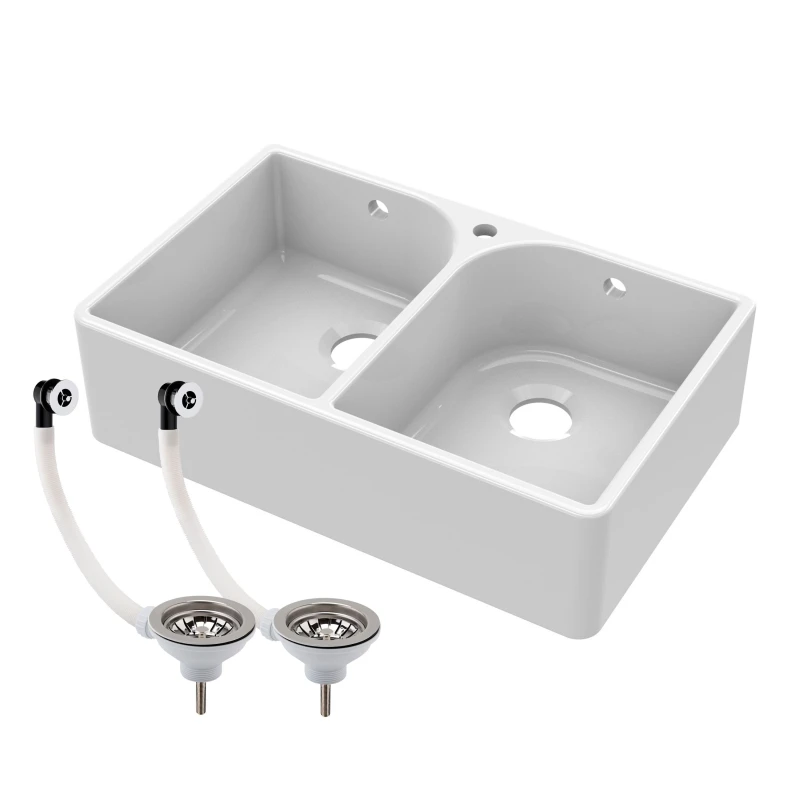 Image of Balterley 2 Bowl Fireclay Butler Sink Full Wastes Weir795x500x220mm White