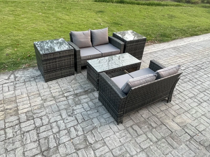Image of Fimous High Back Rattan Garden Furniture Sofa Sets with Rectangular Coffee Table 2 Side Tables Dark Grey Mixed Dark Grey Unisex
