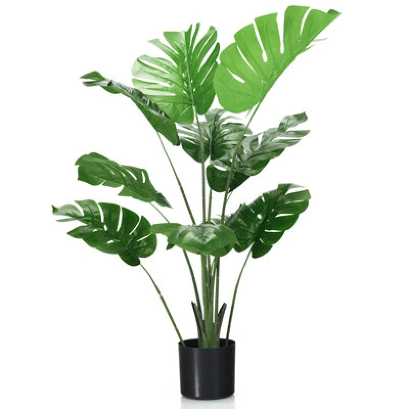 Image of Costway 120Cm Artificial Monstera Deliciosa Tree Faux Tree W/ 10 Leaves & Cement Pot