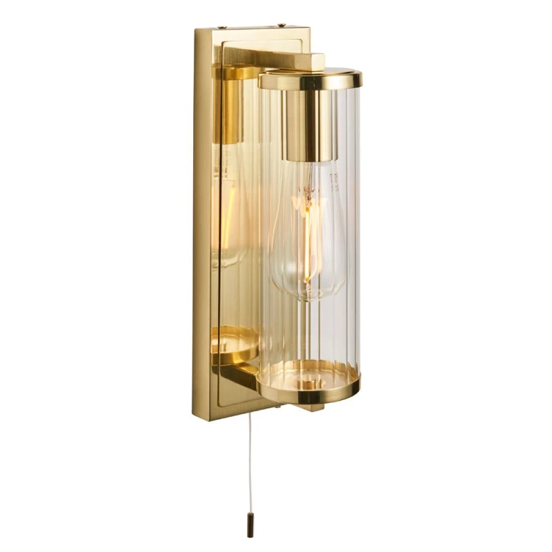 Image of Loops Satin Brass Bathroom Wall Light & Ribbed Cylinder Glass Shade IP44 Rated Fitting Clear