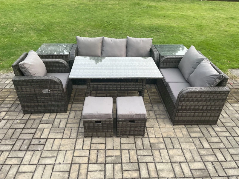 Image of Fimous 8 Seater Garden Rattan Furniture Dining Table Sofa Set Indoor Outdoor with Reclining Chairs 2 Side Tables 2 Small Footstools Dark Grey Mixed Da
