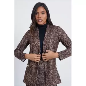 Image of I Saw It First Brown Open Front Military Button Leopard Print Blazer - Brown