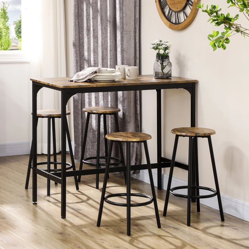 Image of HOMCOM 5 Piece Bar Table and Stools Set w/ Metal Frame Rustic Brown, Brown 835-890V00RB