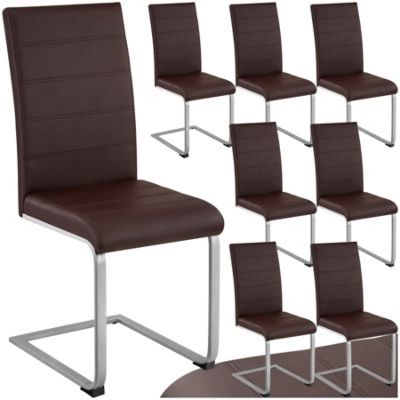 Image of Tectake Set Of 8 Dining Chairs - Cantilevered, High Backrest, Flat Steel Frame - Brown