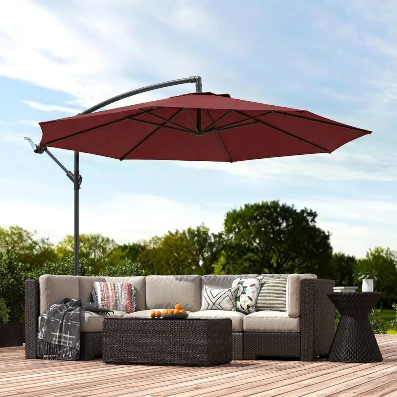 Image of OUTSUNNY 3(m) Garden Banana Parasol Cantilever Umbrella w/ Base, Wine Red Size: 3m x 3m Red Unisex 3m x 3m