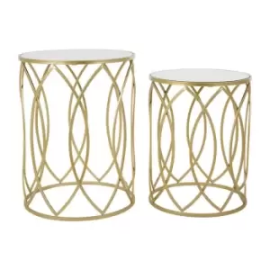 Image of Interiors By PH Set Of 2 Round Side Tables Mirrored Tops Champagne Finish Metal Cut Out Base